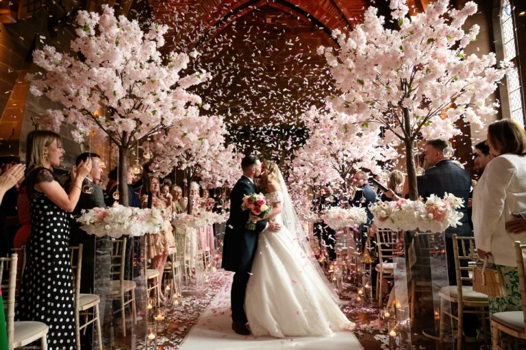 Couple celebrating spring wedding at Peckforton Castle