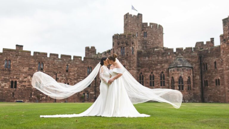 Same sex couple wedding at Peckforton Castle Grounds