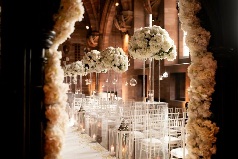 Spring wedding ceremony set up in the great hall